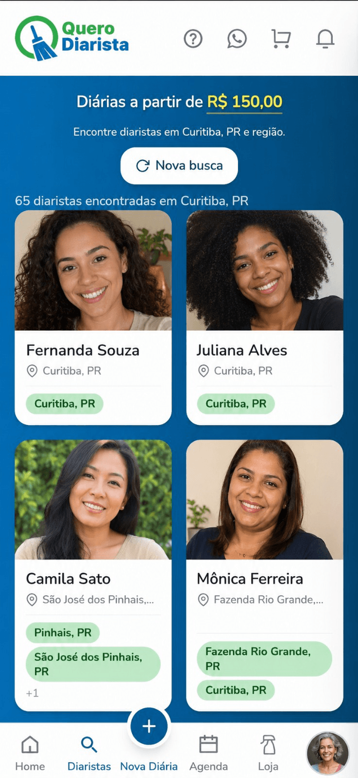 Tela do aplicativo Quero Diarista com diaristas verificadas em Curitiba